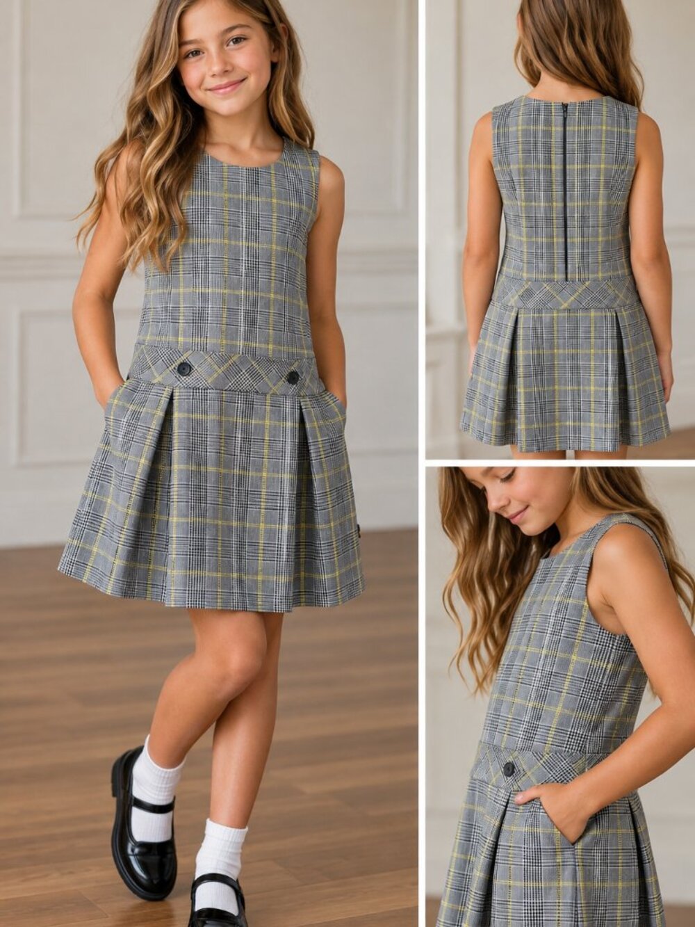 Dennis Girls Size 10 Plaid School Uniform Jumper Dress Gray Yellow Pleated